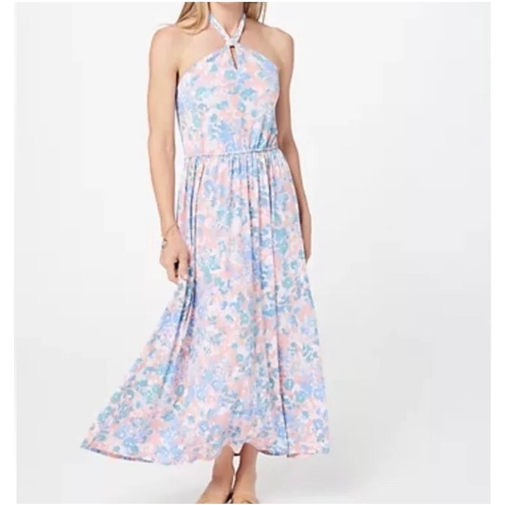 Jason Wu Womens Floral Halter Maxi Dress Pink Blue Watercolor Smocked Back M